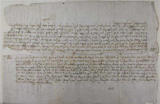 An Elizabethan contract dated 1588 regarding a Moiety of a house and land in Sheraton and Sheraton Grange, overall 12 x 21.5in.